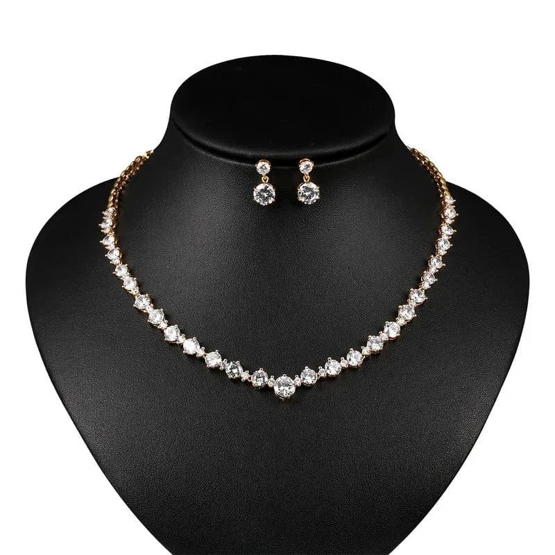 New Bridal Round Cut Cubic Zirconia CZ Crystal Necklace and Earrings Jewelry Set in gold color from Almas Collections