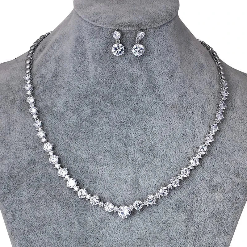 New Bridal Round Cut Cubic Zirconia CZ Crystal Necklace and Earrings Jewelry Set in Silver from Almas Collections