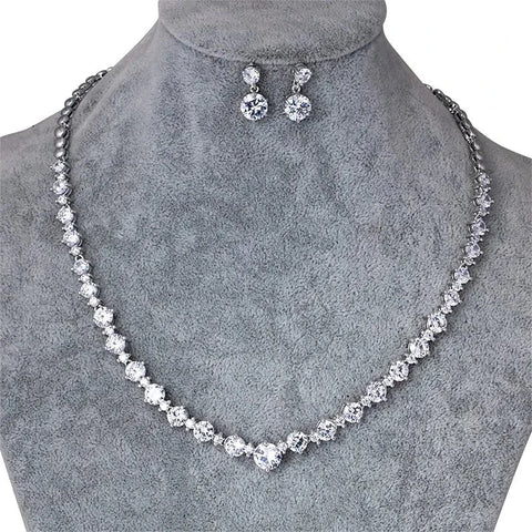 Image of New Bridal Round Cut Cubic Zirconia CZ Crystal Necklace and Earrings Jewelry Set in Silver from Almas Collections