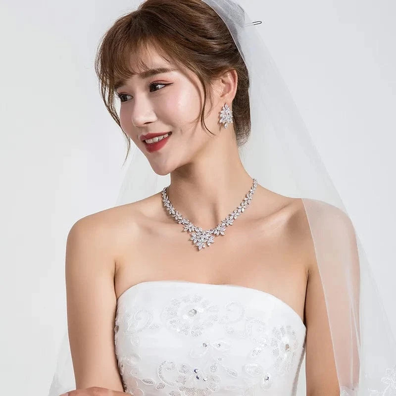 Exquisite Wedding Bridal Floral Design Cubic Zirconia Jewelry Set in Silver from Almas Collections