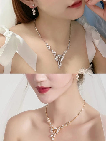 Image of New Elegant Marquise Vine Cubic Zirconia CZ Crystal Necklace and Earring Bridal Jewelry Set IS1 IS2 NS2 VAL1 NS3