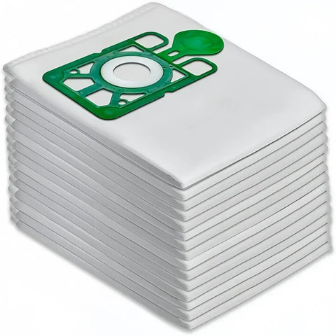 Image of Stack of white vacuum bags with green logo on a white background