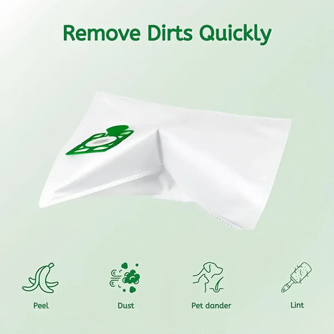 Image of White cleaning cloth with green logo on a light green background, featuring text 'Remove Dirt Quickly' and icons for peel, dust, pet dander, and lint.