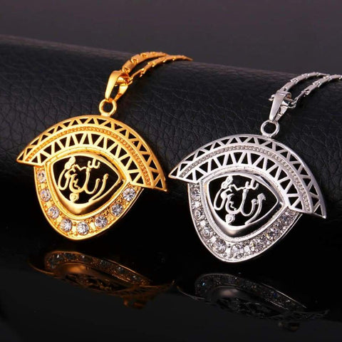 Image of Allah Pendant Men/Women Islamic Gold/Silver Color Rhinestone Crystal Jewellery IS1 Almas Collections Necklace