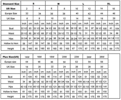 Image of Tulle Boho Wedding dress size chart from Almas Collections