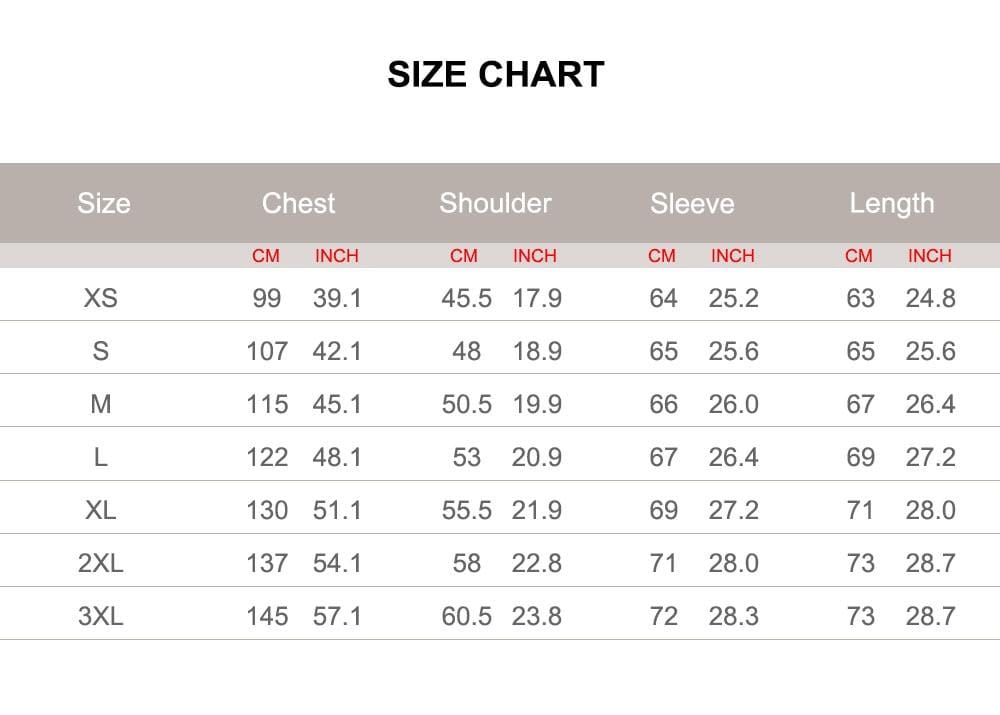 New Men's Genuine Leather Jacket size chart from Almas Collections