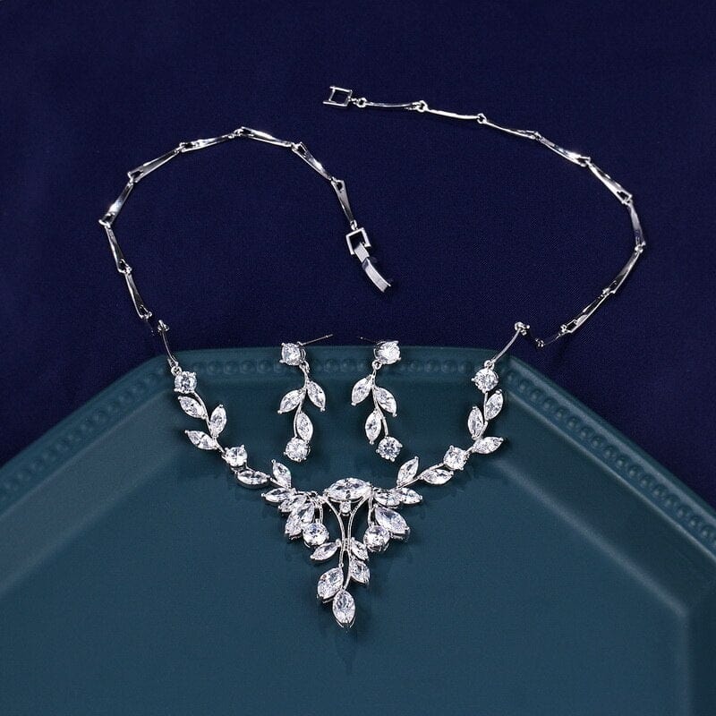 Elegant Marquise Leaf CZ Vine Necklace and Earring Bridal Jewelry Set from Almas Collections