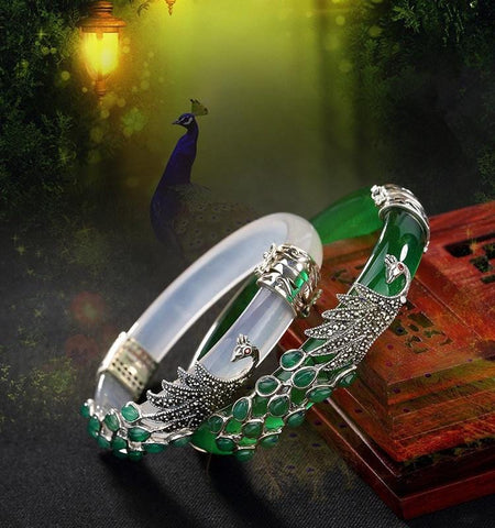 Image of Vintage Sterling Silver Jade Peacock Bangles Bracelets |  Vintage Sterling Silver Chalcedony Peacock Bangles Bracelets  | Vintage 925 Sterling Silver Bangles for Women  from Almas Collections