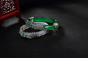 Vintage Sterling Silver Jade Peacock Bangles Bracelets |  Vintage Sterling Silver Chalcedony Peacock Bangles Bracelets  | Vintage 925 Sterling Silver Bangles for Women  from Almas Collections