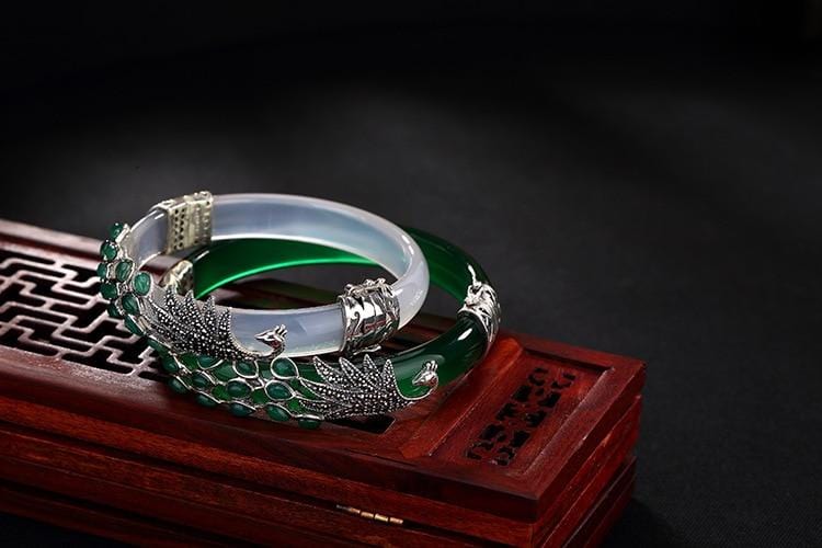 Vintage Sterling Silver Jade Peacock Bangles Bracelets |  Vintage Sterling Silver Chalcedony Peacock Bangles Bracelets  | Vintage 925 Sterling Silver Bangles for Women  from Almas Collections