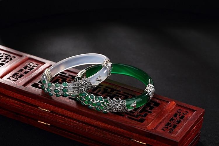 Vintage Sterling Silver Jade Peacock Bangles Bracelets |  Vintage Sterling Silver Chalcedony Peacock Bangles Bracelets  | Vintage 925 Sterling Silver Bangles for Women  from Almas Collections