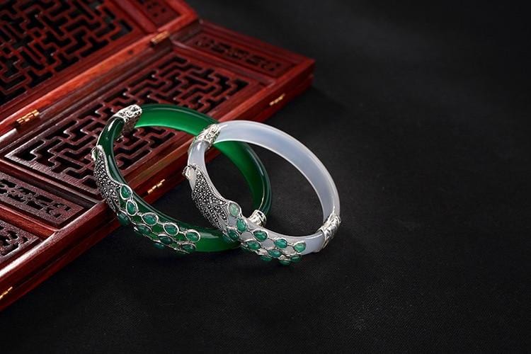 Vintage Sterling Silver Jade Peacock Bangles Bracelets |  Vintage Sterling Silver Chalcedony Peacock Bangles Bracelets  | Vintage 925 Sterling Silver Bangles for Women  from Almas Collections