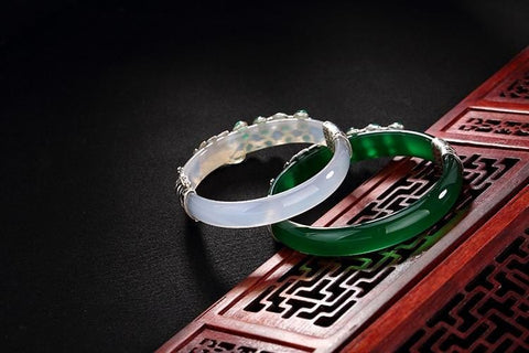 Image of Vintage Sterling Silver Jade Peacock Bangles Bracelets |  Vintage Sterling Silver Chalcedony Peacock Bangles Bracelets  | Vintage 925 Sterling Silver Bangles for Women  from Almas Collections