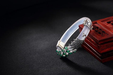 Image of Vintage Sterling Silver Jade Peacock Bangles Bracelets |  Vintage Sterling Silver Chalcedony Peacock Bangles Bracelets  | Vintage 925 Sterling Silver Bangles for Women  from Almas Collections