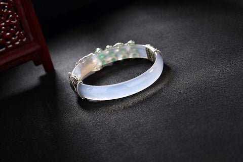 Image of Vintage Sterling Silver Jade Peacock Bangles Bracelets |  Vintage Sterling Silver Chalcedony Peacock Bangles Bracelets  | Vintage 925 Sterling Silver Bangles for Women  from Almas Collections