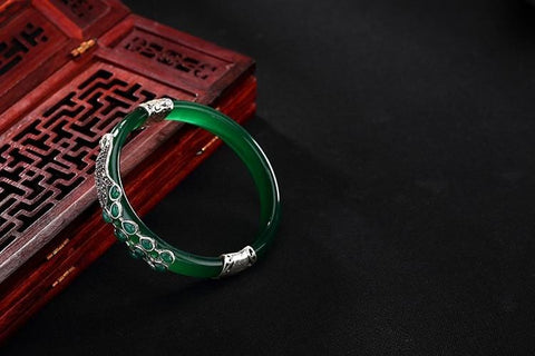 Image of Vintage Sterling Silver Jade Peacock Bangles Bracelets |  Vintage Sterling Silver Chalcedony Peacock Bangles Bracelets  | Vintage 925 Sterling Silver Bangles for Women  from Almas Collections