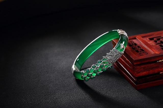 Vintage Sterling Silver Jade Peacock Bangles Bracelets |  Vintage Sterling Silver Chalcedony Peacock Bangles Bracelets  | Vintage 925 Sterling Silver Bangles for Women  from Almas Collections