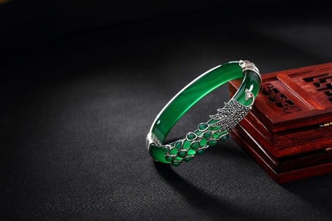 Image of Vintage Sterling Silver Jade Peacock Bangles Bracelets |  Vintage Sterling Silver Chalcedony Peacock Bangles Bracelets  | Vintage 925 Sterling Silver Bangles for Women  from Almas Collections