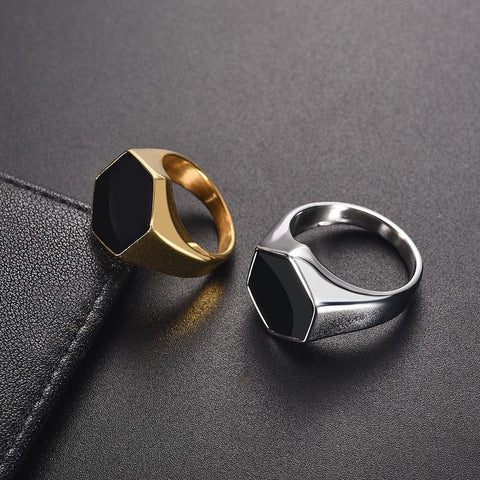 Image of Stainless Steel Signet Ring for Him in Hexagon Silver and Gold color from Almas Collections