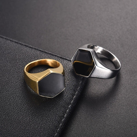 Image of Stainless Steel Signet Ring for Him in Hexagon Silver and Gold color from Almas Collections
