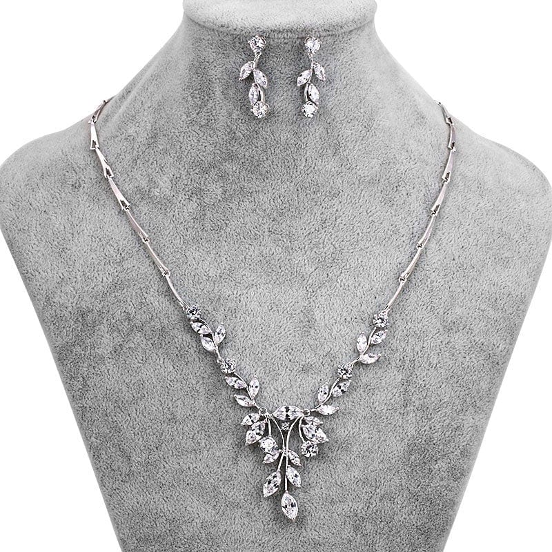Elegant Marquise Leaf CZ Vine Necklace and Earring Bridal Jewelry Set in Rhodium Silver from Almas Collections