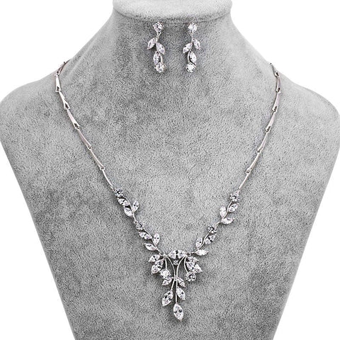 Image of Elegant Marquise Leaf CZ Vine Necklace and Earring Bridal Jewelry Set in Rhodium Silver from Almas Collections