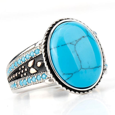 Image of New Men Oval Sky Blue Stone Life 925 Sterling Silver Ring IS1 NS3 Almas Collections New Men Oval Sky Blue Stone Life 925 Sterling Silver Ring