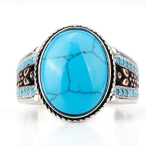 Image of New Men Oval Sky Blue Stone Life 925 Sterling Silver Ring IS1 NS3 Almas Collections New Men Oval Sky Blue Stone Life 925 Sterling Silver Ring