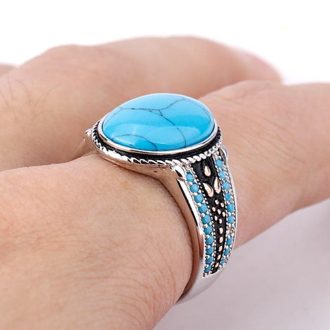 Image of New Men Oval Sky Blue Stone Life 925 Sterling Silver Ring IS1 NS3 Almas Collections New Men Oval Sky Blue Stone Life 925 Sterling Silver Ring