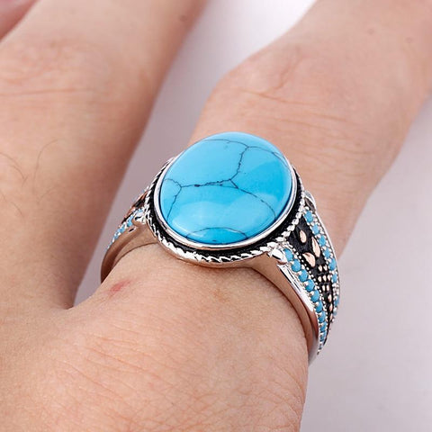 Image of New Men Oval Sky Blue Stone Life 925 Sterling Silver Ring IS1 NS3 Almas Collections New Men Oval Sky Blue Stone Life 925 Sterling Silver Ring