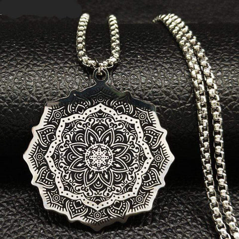 Image of New Lotus Wicca Stainless Steel Necklace for Men Silver Color NS2 IS1 IS2 Almas Collections  New Lotus Wicca Stainless Steel Necklace for Men Silver Colo