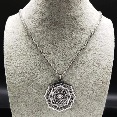 Image of New Lotus Wicca Stainless Steel Necklace for Men Silver Color NS2 IS1 IS2 Almas Collections  New Lotus Wicca Stainless Steel Necklace for Men Silver Colo