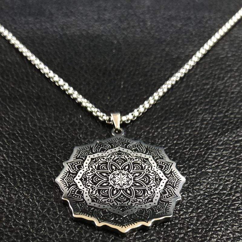 New Lotus Wicca Stainless Steel Necklace for Men Silver Color NS2 IS1 IS2 Almas Collections  New Lotus Wicca Stainless Steel Necklace for Men Silver Colo