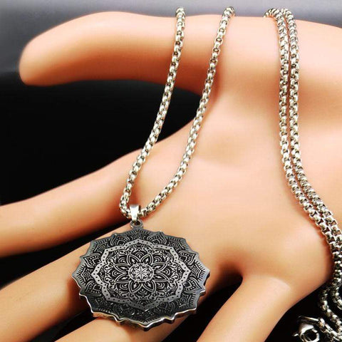 Image of New Lotus Wicca Stainless Steel Necklace for Men Silver Color NS2 IS1 IS2 Almas Collections  New Lotus Wicca Stainless Steel Necklace for Men Silver Colo