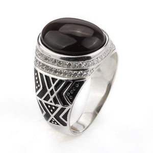 New 925 Sterling Silver with Dark Brown Agate Stone with Clear CZ Men Ring NS3 IS2 IS1 VAL1 Almas Collections 