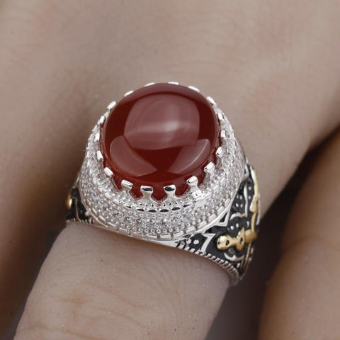 Image of New Real 925 Sterling Silver Red Stone with Double Sword Men Ring IS1 NS3 Almas Collections  Real 925 Sterling Silver Red Stone with Double Sword Men Ring