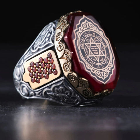 Image of New Solomon Seal Red Amber Stone Mens Ring, Seal of Solomon Turkish Aqeeq stone Rings IS1 IS2 NS3