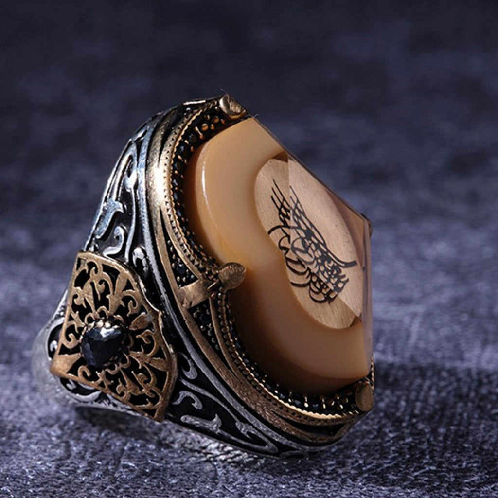 New Ottoman Tugra Amber Stone Carved 925 Sterling Silver Ring for Men IS1 IS2 NS3