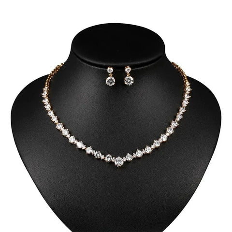Image of New Bridal Round Cut Cubic Zirconia CZ Crystal Necklace and Earrings Jewelry Set in gold color from Almas Collections 