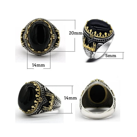Image of Black stone ring with gold accents and measurements on a white background