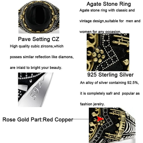 Image of Agate stone ring with pave setting CZ, 925 Sterling Silver, rose gold part, and red copper details.