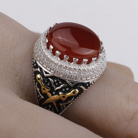 Image of Real 925 Sterling Silver Red Stone with Double Sword Men Ring IS1 NS3