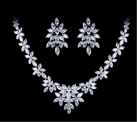 Image of Exquisite Wedding Bridal Floral Design Cubic Zirconia Jewelry Set in Silver from Almas Collections