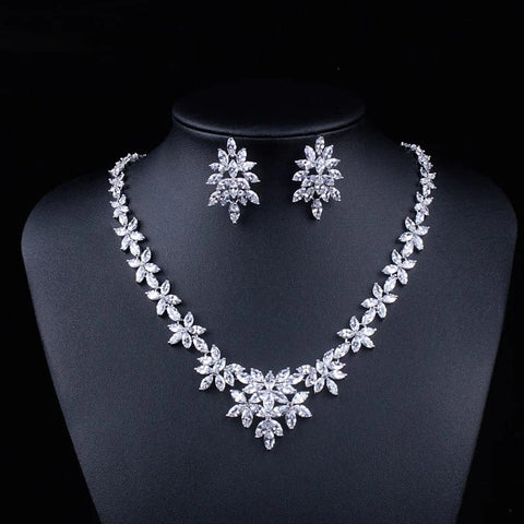 Image of Exquisite Wedding Bridal Floral Design Cubic Zirconia Jewelry Set in Silver from Almas Collections