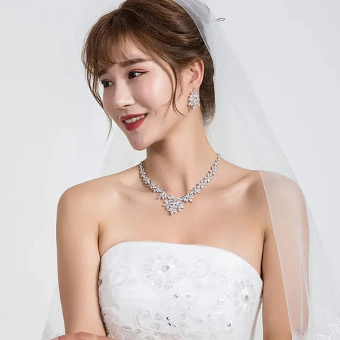 Image of Exquisite Wedding Bridal Floral Design Cubic Zirconia Jewelry Set in Silver from Almas Collections