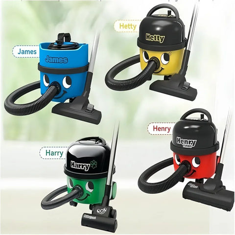 Image of Four vacuum cleaners labeled James, Hetty, Harry, and Henry on a light background.