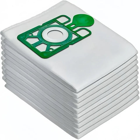 Image of Stack of white vacuum bags with green valve on a white background