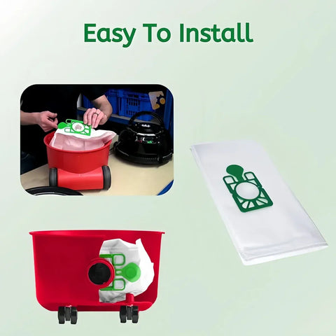Image of Red bin with a white bag, green logo, and text 'Easy To Install' on a light green background.