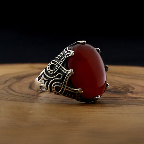 Image of New Turkish 925 Silver Ring Green and Maroon Aqeeq (Agate) Stone IS1 IS2 NS3