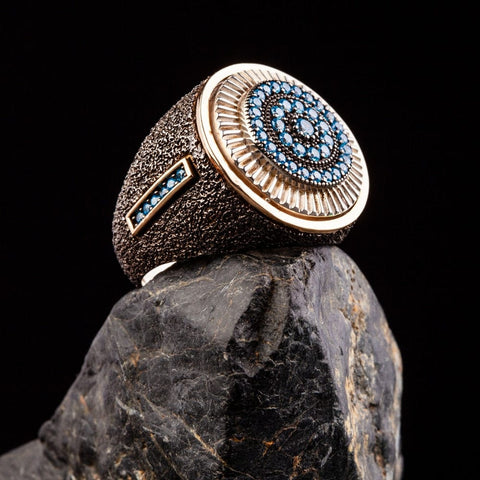 Image of New Ottoman Textured Pencil 925 Sterling Silver Ring With Sandblasting Black Texture Applied Decorated With Blue Gem Stones IS1 IS2 VAL1 NS3